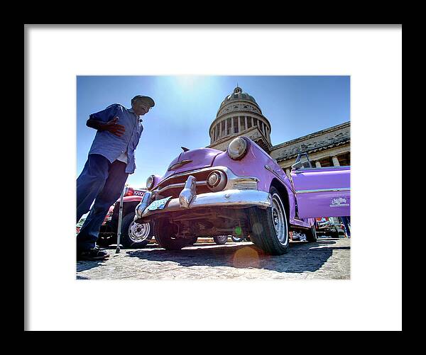 Low Angle Shot Of The Capitolio With Classic American Car And Old Man In Foreground Framed Print featuring the photograph 321-4623 by Robert Harding Picture Library