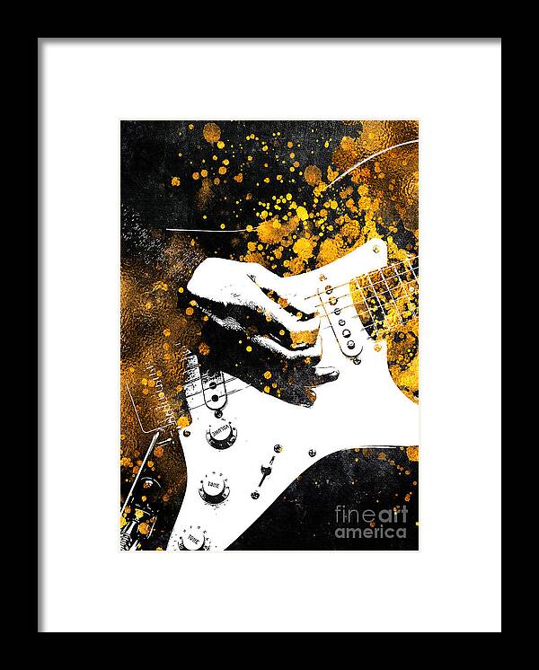 Music Framed Print featuring the digital art Guitar music art gold and black #4 by Justyna Jaszke JBJart