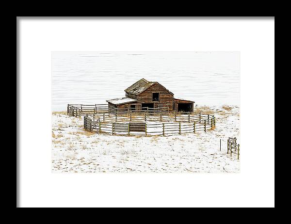Old Barn Framed Print featuring the photograph 41,674.04209 FZ weathered old barn, corral fence winter snow SC #4167404209 by Robert C Paulson Jr