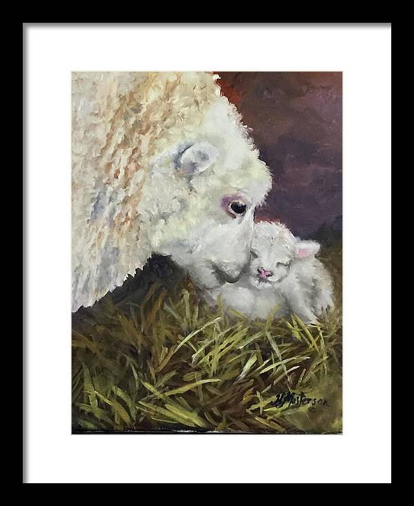 Lamb Framed Print featuring the painting Lamb Love by Harriett Masterson