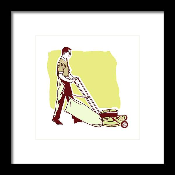 Adult Framed Print featuring the drawing Man Mowing Lawn #6 by CSA Images