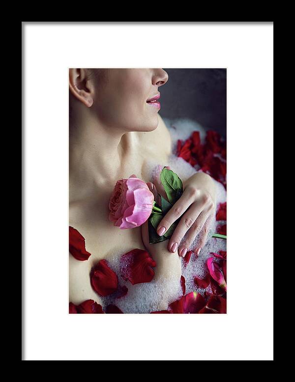 Beautiful Girl Lying In A Stone Bath With Rose Petals And Foam #1 by Elena  Saulich
