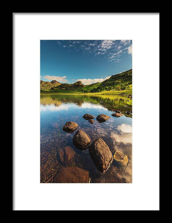 Estock Framed Print featuring the digital art United Kingdom, England, Cumbria, Great Britain, Lake District, British Isles, Blea Tarn, Blea Tarn With The Lake District Peaks In The Background On A Sunny Summer Afternoon #8 by Maurizio Rellini
