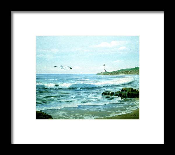 Lighthouse At Far End Of Beach Framed Print featuring the painting 90 by Thomas Linker