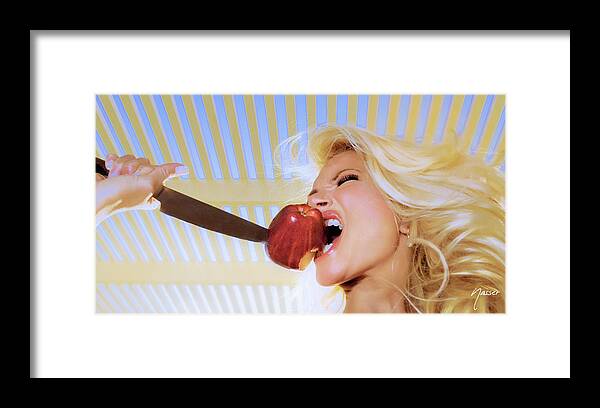 Supermodel Selena Red Delishious Apple Sharp Knife Las Vegas Framed Print featuring the photograph 9935 Supermodel Selena Red Apple Sharp Knife Las Vegas IXCMXXXV by Amyn Nasser