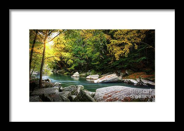 Autumn Framed Print featuring the digital art A beautiful stream with autumn colors at McConnell's Mil by Amy Cicconi