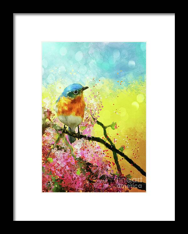 Bluebird Framed Print featuring the digital art A Bluebird On The Redbud by Lois Bryan