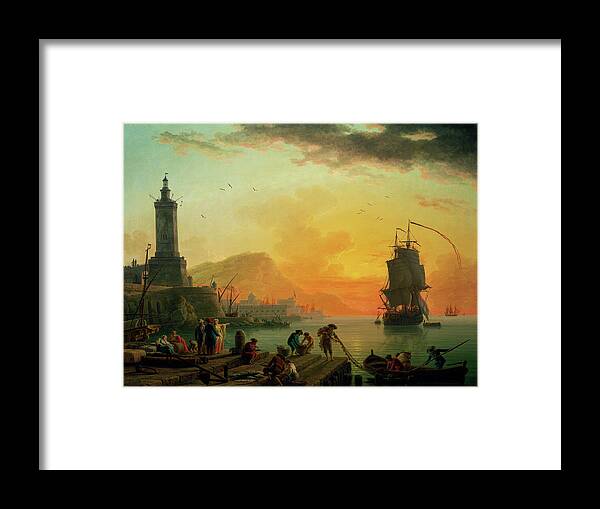 A Calm At A Mediterranean Port Framed Print featuring the painting A Calm at a Mediterranean Port by Claude Joseph Vernet by Rolando Burbon
