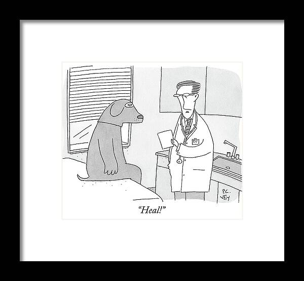 Doctor's Office Framed Print featuring the drawing A Doctor Speaks To A Man In A Dog Costume Who by Peter C Vey