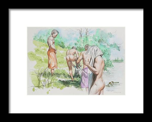 Male Nude Framed Print featuring the painting A group of swimmers by Hongtao Huang