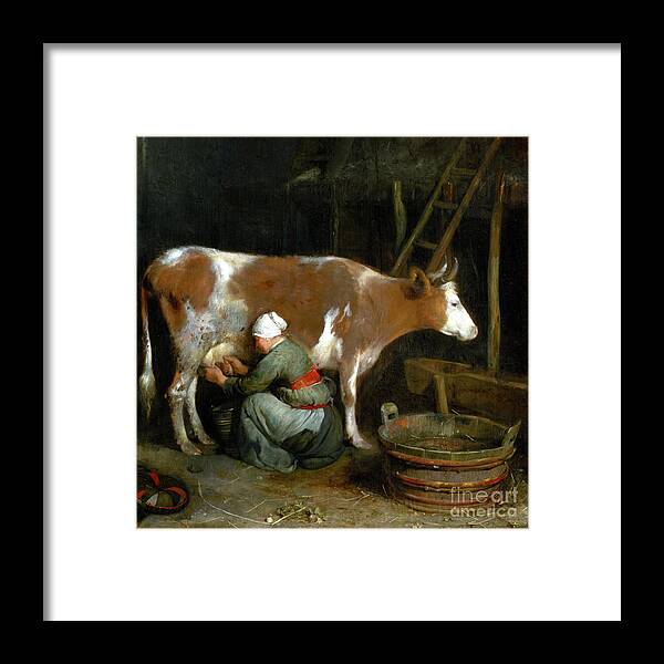 Gerard Ter Borch Framed Print featuring the painting A Maid Milking a Cow in a Barn by Audrey Jeanne Roberts