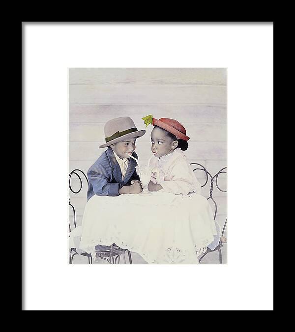 Young Boy And Young Girls At Table Sharing A Malt Milkshake Share Framed Print featuring the photograph A Malt For Two by Nora Hernandez