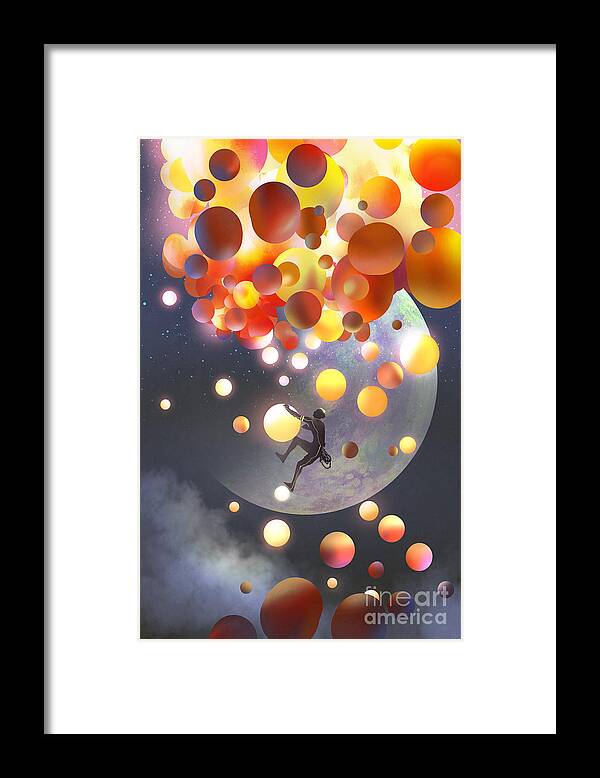 Balloons Framed Print featuring the digital art A Man Climbing Fantasy Balloons by Tithi Luadthong