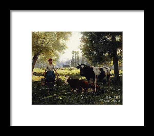 Maid Framed Print featuring the painting A Milkmaid With Her Cows On A Summer Day By Julien Dupre by Julien Dupre