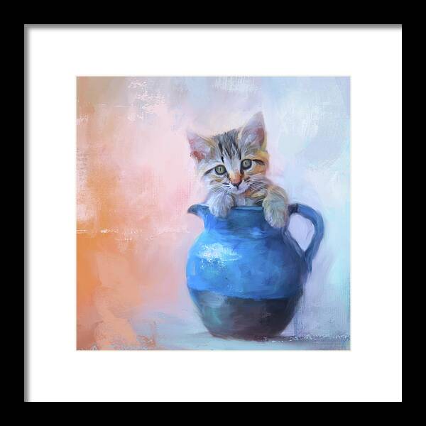 Colorful Framed Print featuring the painting A Pitcher Full of Purrfection by Jai Johnson