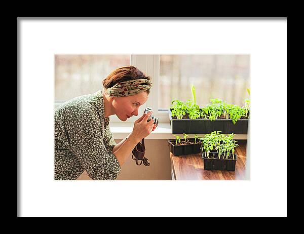 Plant Framed Print featuring the photograph A Woman Takes Pictures With A Retro Camera Of The Plants That She Has Grown In Her Home Garden For Her Blog. by Cavan Images