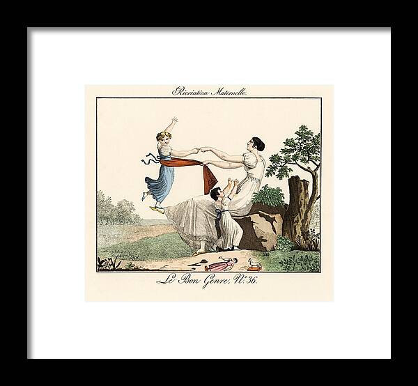 Amusement Framed Print featuring the drawing A young mother dandles a girl on her foot, while her other child drops her toys to beg for a cuddle. by Album