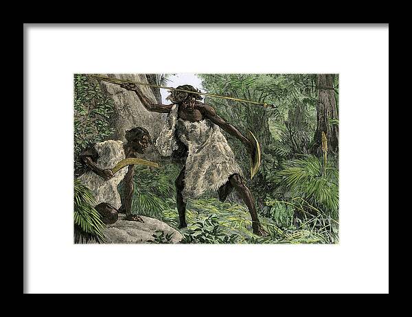 Aboriginal Framed Print featuring the drawing Aboriginal Hunters Using A Boomerang And A Thruster (atlatl) In Australia's Forest, 19th Century Colouring Engraving Of The 19th Century by American School
