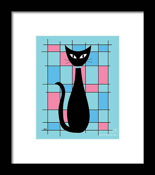 Mid Century Modern Framed Print featuring the digital art Abstract Cat in Blue and Pink by Donna Mibus