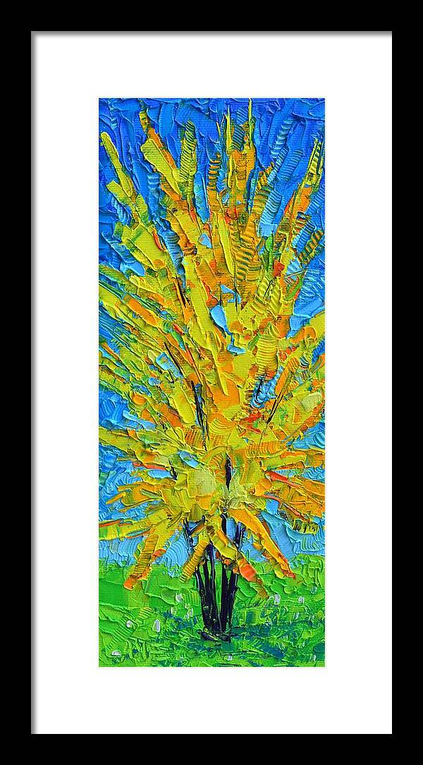 Spring Framed Print featuring the painting ABSTRACT FORSYTHIA textural impressionist impasto palette knife oil painting by Ana Maria Edulescu by Ana Maria Edulescu