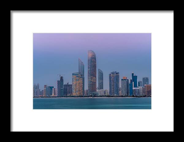 Abu Framed Print featuring the photograph Abu Dhabi Skyline, Uae by Mohamed Kazzaz