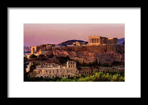 Troy Caperton Framed Print featuring the painting Acropolis at Twilight by Troy Caperton