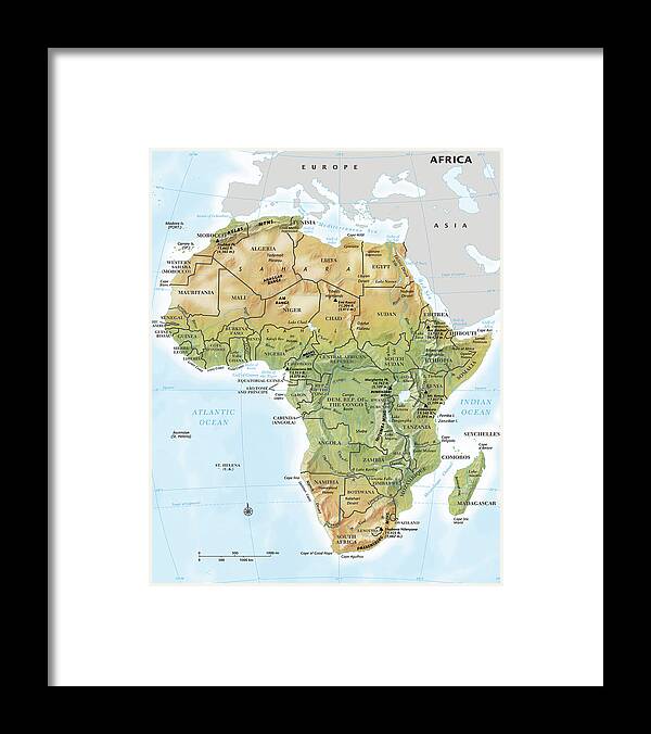 Topography Framed Print featuring the digital art Africa Continent Map With Relief by Globe Turner, Llc