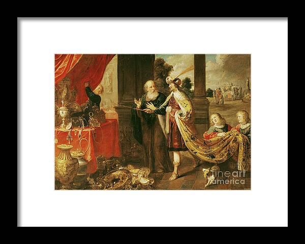 Christianity Framed Print featuring the painting Ahasuerus Showing His Treasure To Mordecai by Claude Vignon