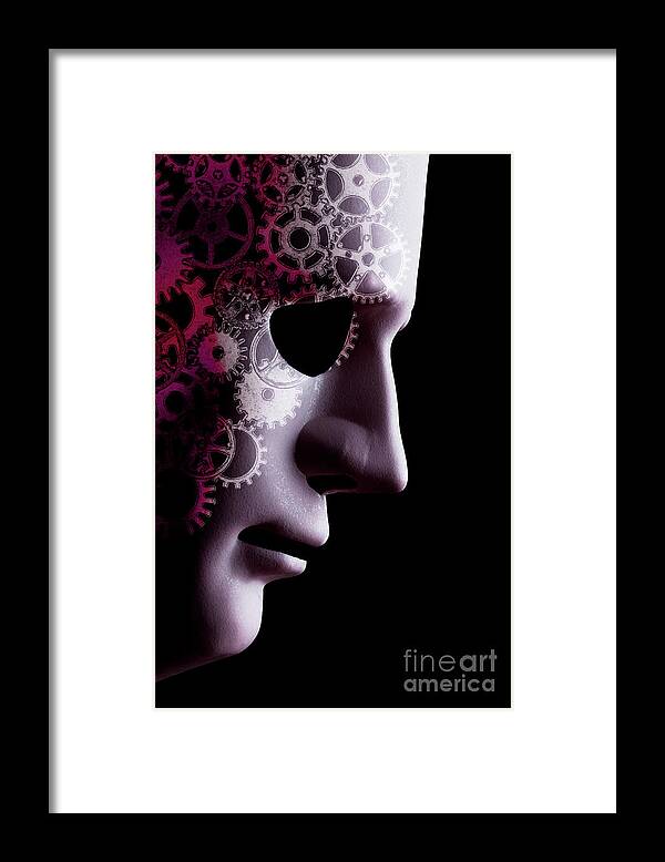 Mask Framed Print featuring the photograph A.I. robotic face close up with cogs by Simon Bratt