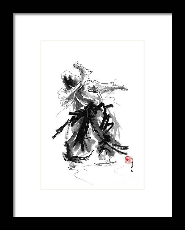 Aikido Art Painting Framed Print featuring the painting Aikido Art Painting, Aikido Sumi-e Paintings, Calligraphy Style Artwork, Aikido Techniques Print by Mariusz Szmerdt