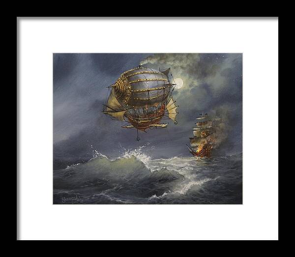 Airship Framed Print featuring the painting Airship Attack by Tom Shropshire
