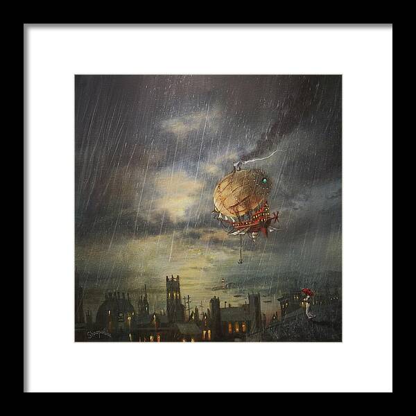 Steampunk Airship Framed Print featuring the painting Airship In The Rain by Tom Shropshire