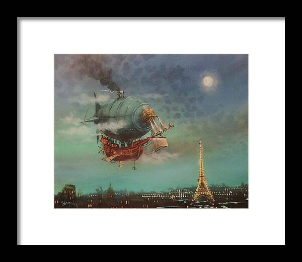 Steampunk Airship Framed Print featuring the painting Airship Over Paris by Tom Shropshire