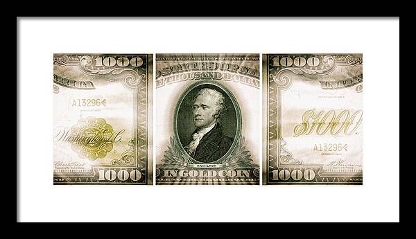 Hamilton Framed Print featuring the digital art Alexander Hamilton 1907 American One Thousand Dollar Bill Currency Triptych by Shawn O'Brien