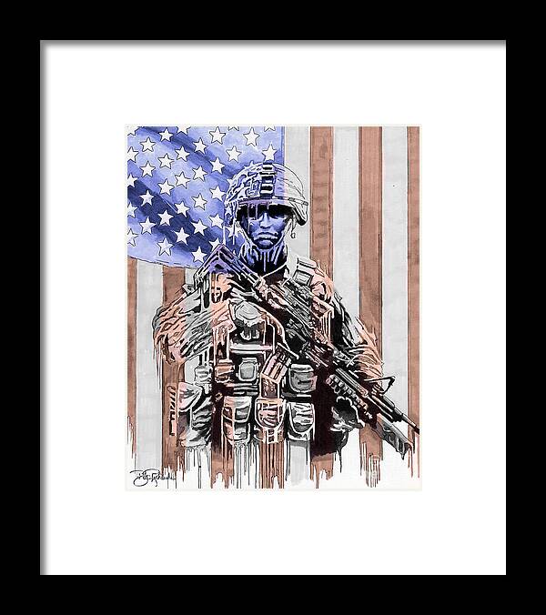 America Framed Print featuring the drawing American Soldier by Bill Richards