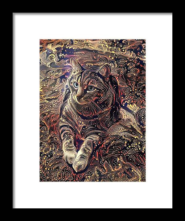 Tabby Cat Framed Print featuring the digital art Amos in Paisley by Peggy Collins