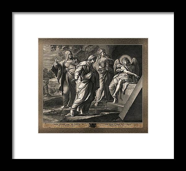 Angel Announcing The Resurrection Framed Print featuring the painting Angel announcing the resurrection of Christ to the three Mary's by Rolando Burbon