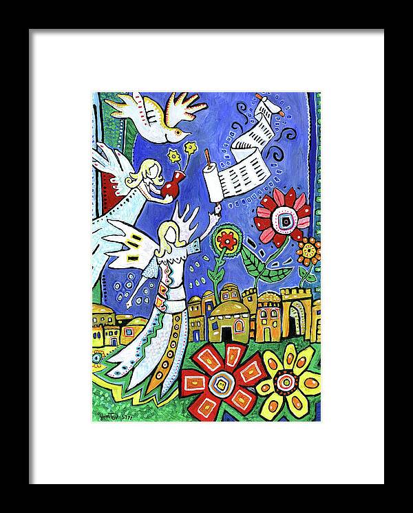 Angels Framed Print featuring the painting Angels Over Israel by Yom Tov Blumenthal