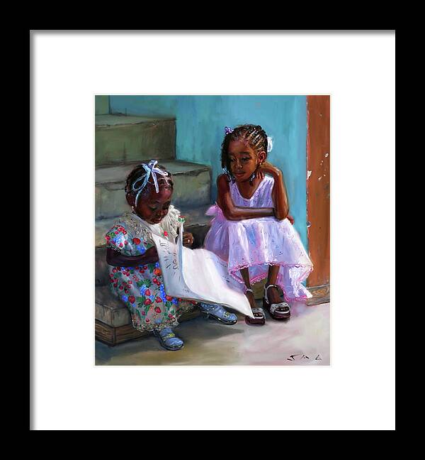 Children Framed Print featuring the painting Anna-Lisa and Danielle 2 by Jonathan Gladding