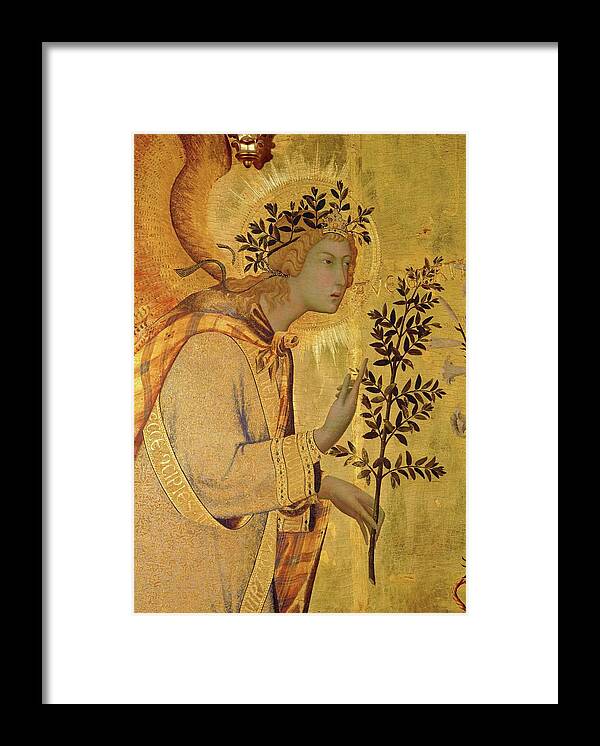 Archangel Gabriel Framed Print featuring the painting Annunciation. Detail the Angel of the Annunciation. by Simone Martini -c 1284-1344-