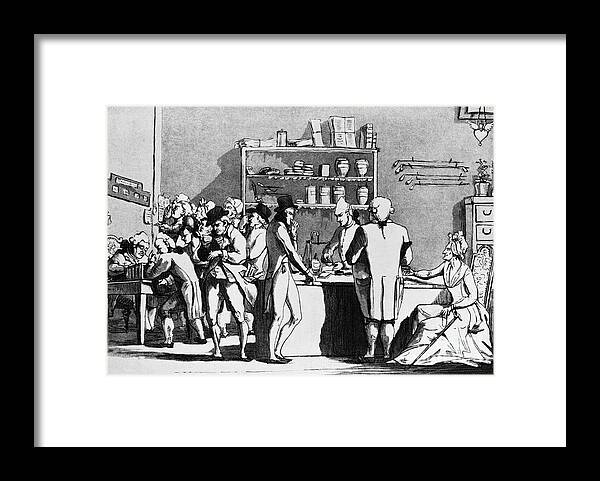 Etching Framed Print featuring the photograph Apothecary Shop With Doctors by Bettmann