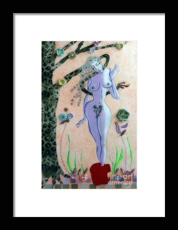 Eve Framed Print featuring the mixed media Apple, Snake, Woman -- Eve in Garden of Eden, #4 in Famous Flirts Series by Jayne Somogy