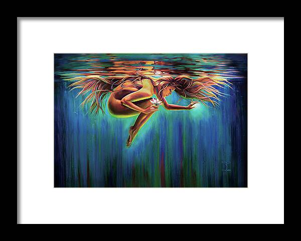 Aquarian Rebirth Woman Underwater Emotional Receptive Sensitive Lotus Sacred Divine Feminine Water Watercolor Floating Age Of Aquarius Fetal Position Goddess Spiritual Consciousness Moss Curled Up Long Hair Flowing Reflection Mermaid Awakening Rebirth Inner Journey Going Within Internal World Holding Breath Peace Love Gentle Beauty Swimming Floating Ethereal Whimsical Peaceful Quiet Enlightenment Framed Print featuring the painting Aquarian Rebirth by Robyn Chance