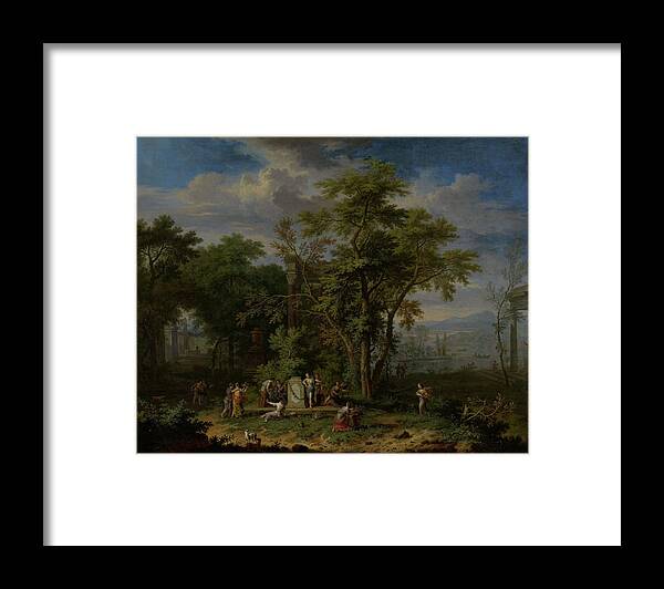 Copper (metal) Framed Print featuring the painting Arcadian Landscape with a Ceremonial Sacrifice. Arcadian Landscape with a Sacrificial Feast. Dati... by Jan Van Huysum