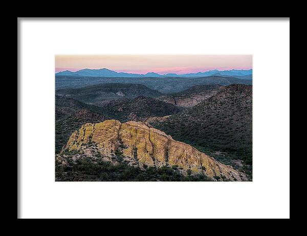 Rocky Framed Print featuring the photograph Arizona rocky landscape at Sunset by Dave Dilli
