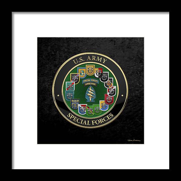 Army Special Forces Collection By Serge Averbukh Framed Print featuring the digital art Army Special Forces - S F Patch with S F Groups Flashes over Black Velvet by Serge Averbukh
