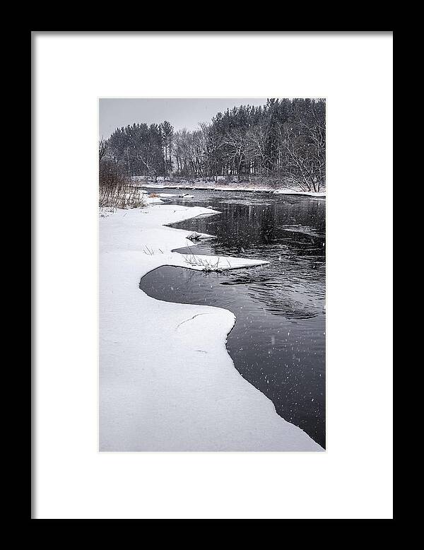 Snow Ice Yahara River Stoughton Wi Wisconsin Dane Vertical Scenic Landscape Cold Snowfall Winter Blizzard B&w Black And White Curvy Framed Print featuring the photograph At the Yahara River Bend - snowy scene south of Stoughton WI by Peter Herman