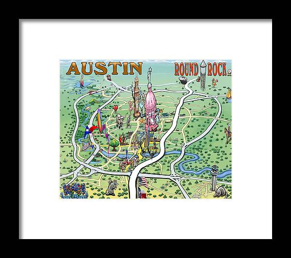 Austin Framed Print featuring the digital art Austin Round Rock Texas Fun Map by Kevin Middleton