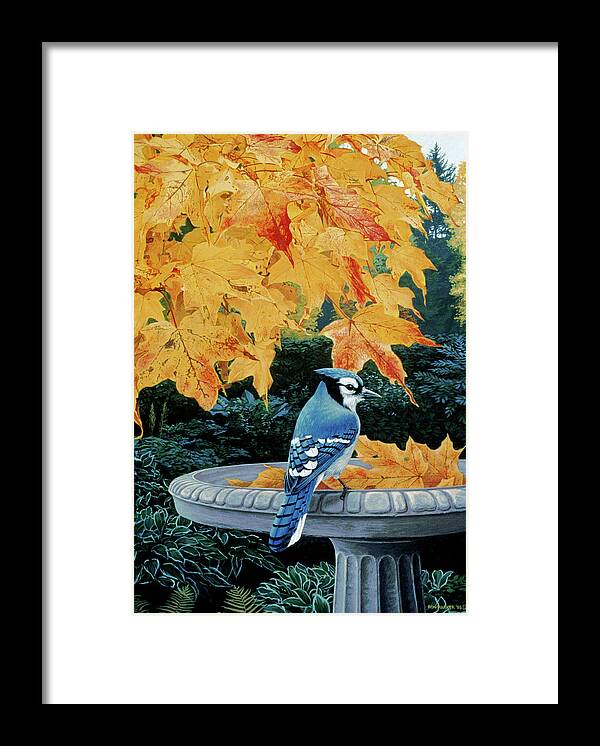 Bluejay Perched On A Birdbath With Autumn Leaves In It Framed Print featuring the digital art Autumn Birdbath by Ron Parker