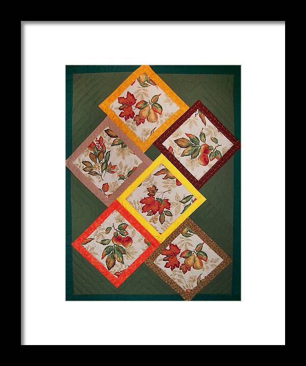 Art Quilt Framed Print featuring the tapestry - textile Autumn Fruit and Leaves by Pam Geisel
